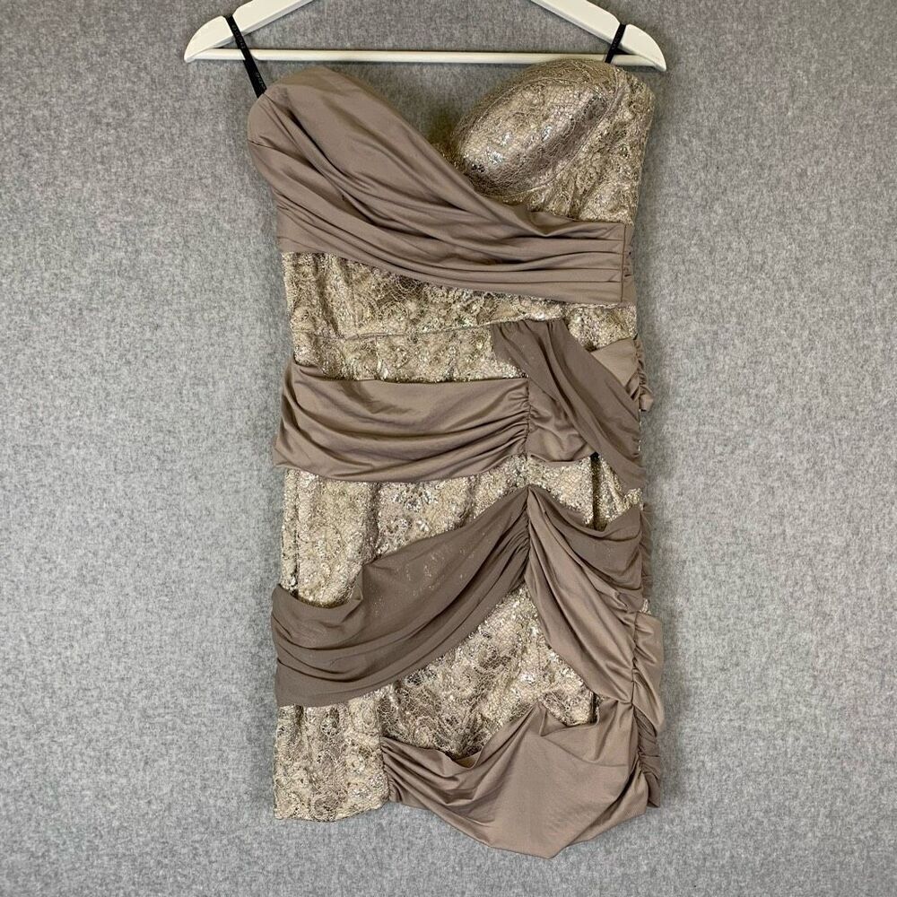 Bebe Women’s Size Small Strapless Mini Wrap Bodycon Sequin Dress Neutral